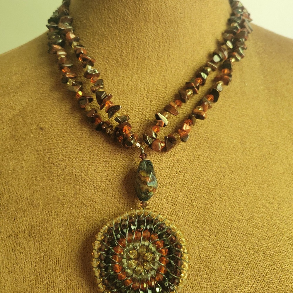 Vitraux by Alessandra Brown Stone Beaded Wire Wrap Pendant Necklace 16" Whimsi